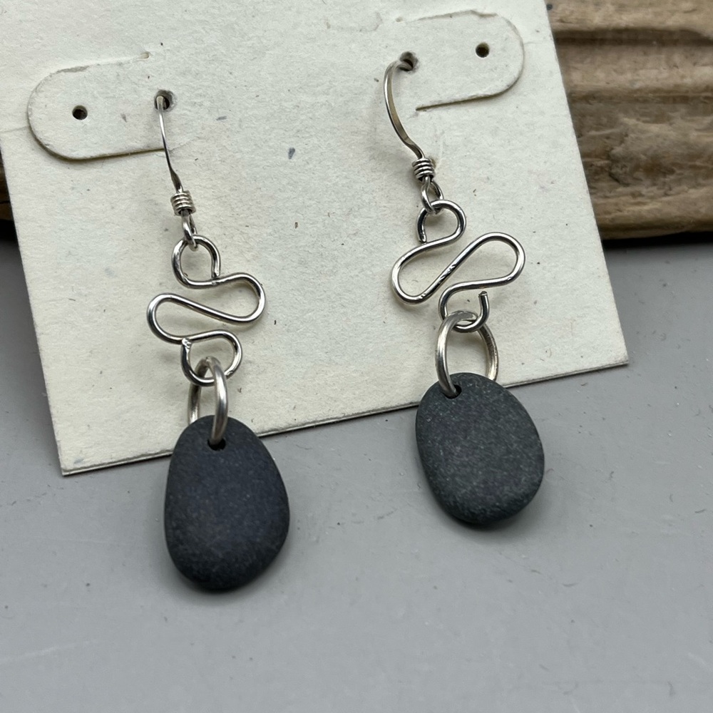Handmade Sterling Silver Wire Wrapped Natural Beach Rock Drop Earrings